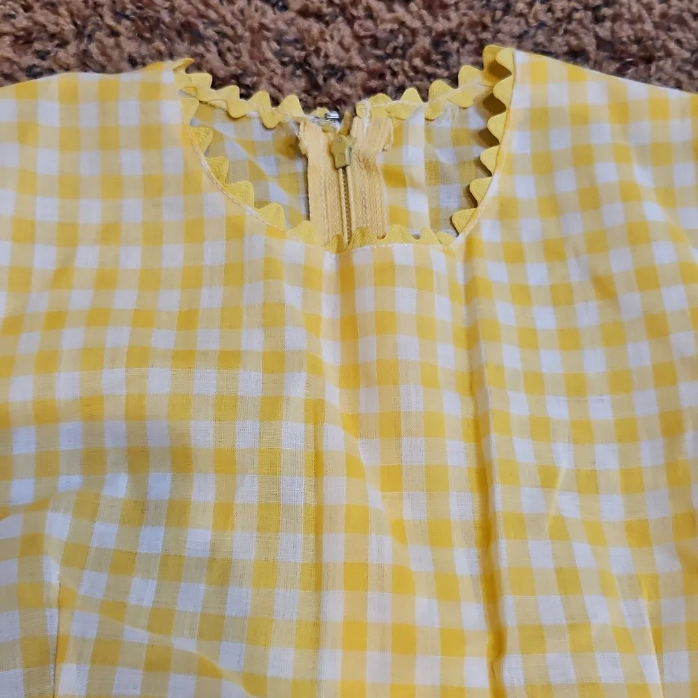 Vintage Yellow White Gingham Long Sleeve Dress Checker Handmade 70s Girls Kids